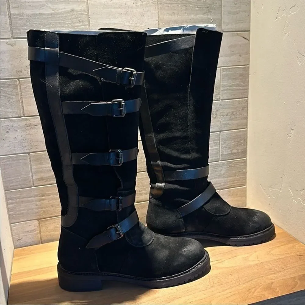 New Free People Tristie Buckle Strap Knee-High Biker Boots Black Leather US 9